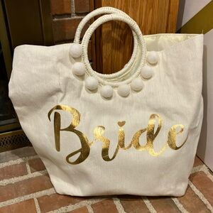 EUC Shiraleah Bride woven tote w round handles cream w gold lettering